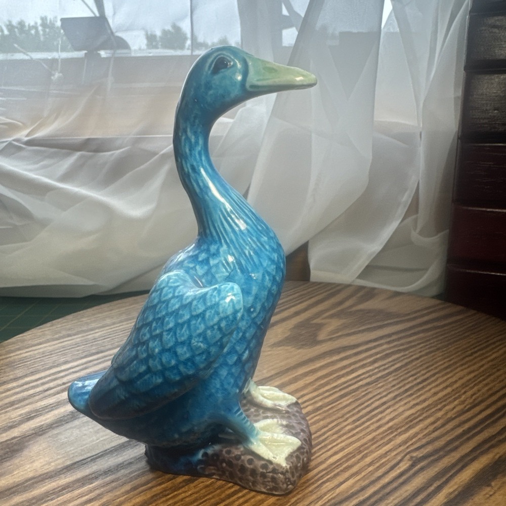Vintage 5.75" Blue Turquoise Majolica Porcelain Duck Goose Figurine
